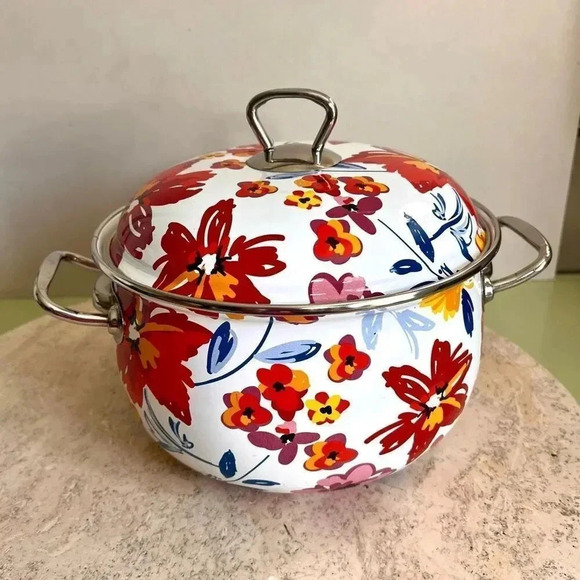 Crofton 4 Quart Floral Casserole Pot with Lid Whote Red Blue 5 x 11 inches - Picture 1 of 12
